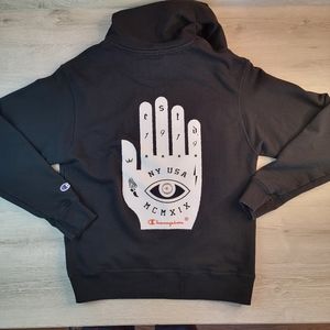 Champion Mens Medium Graphic Design Sweatshirt Hoodie Black Hand Palm NY